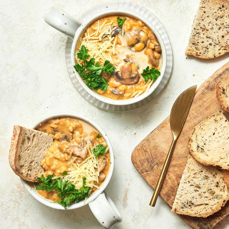 Creamy and Hearty Vegetarian Tahini Mushroom Barley Soup perfect for fall dinners