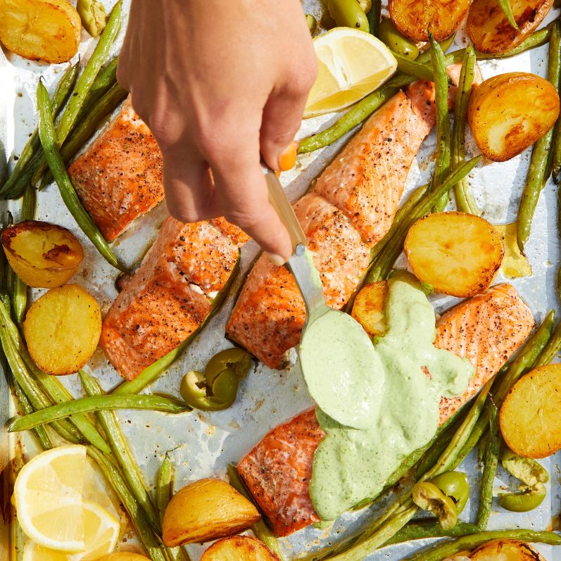 Sheet-Pan Salmon with Green Beans, Potatoes, Olives, and Spicy Tahini
