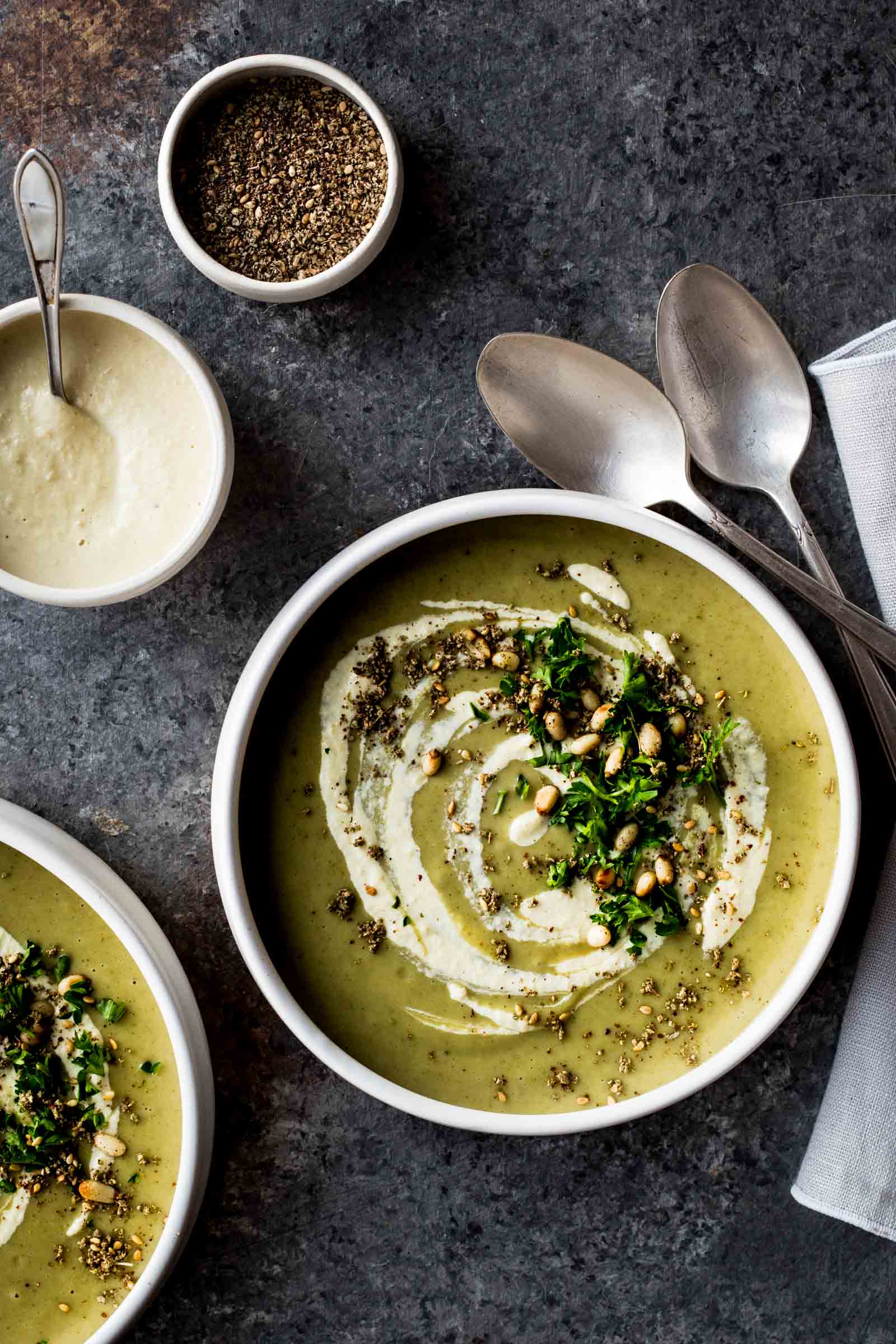 Broccoli Za’atar Soup with Tahini Cream