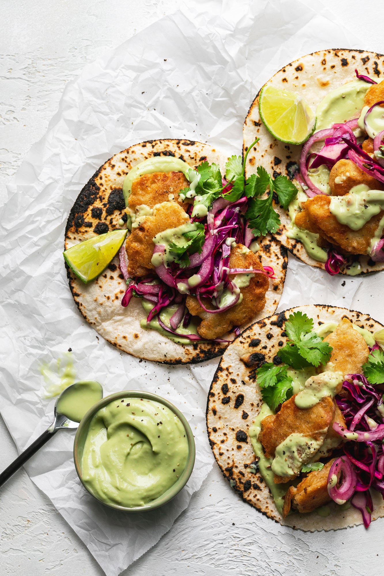 Crispy Fish Tacos with Tahini Avocado Crema