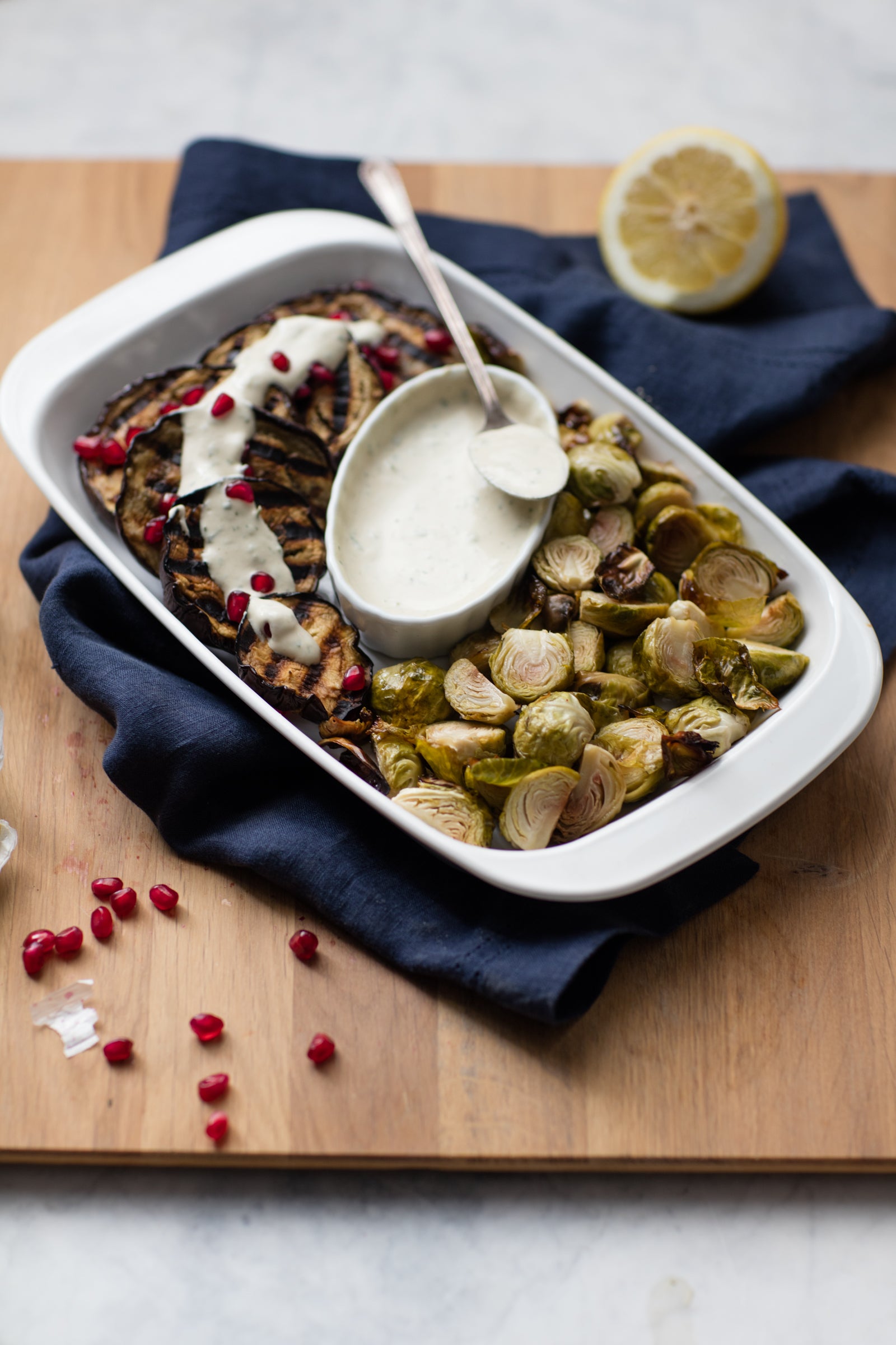 Roasted Brussels Sprouts with Lemon Tahini Sauce