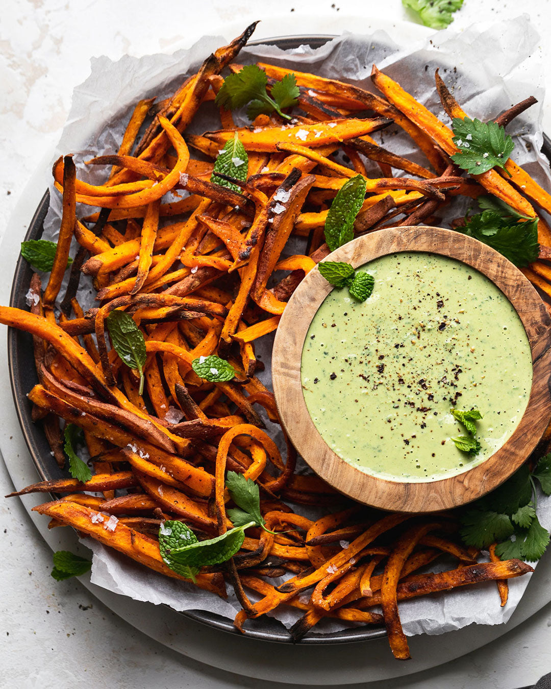 Oven Baked Sweet Potato Fries with Green Tahini Dip 
