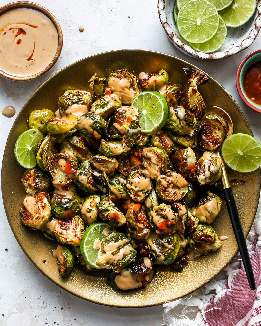 Crispy Air Fried Brussels Sprouts with a Sweet Lime Tahini Sauce