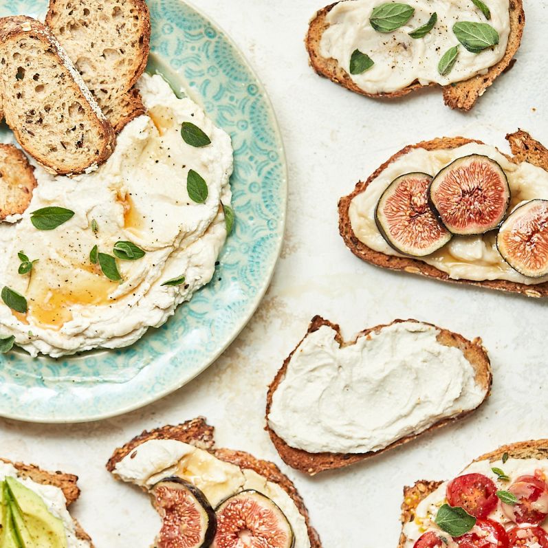 whipped feta tahini toast with fruit and veggies 