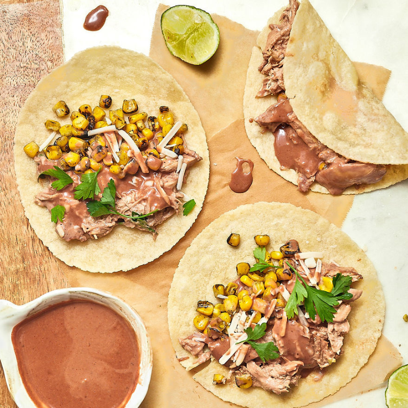 Tahini BBQ Pulled Chicken Tacos with Corn and Cilantro