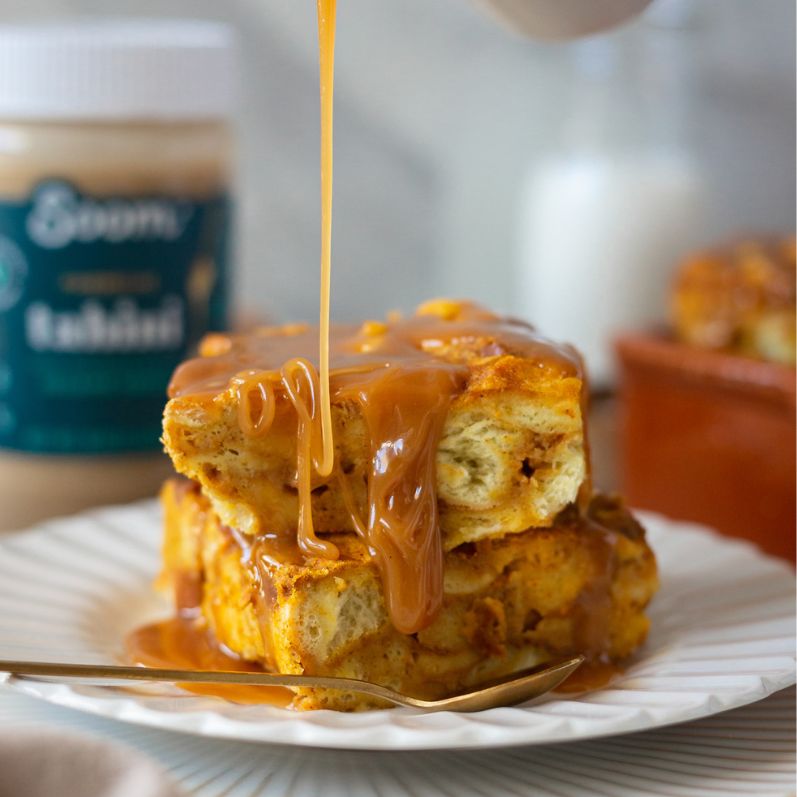 Pumpkin Bread Pudding with Tahini Caramel Sauce