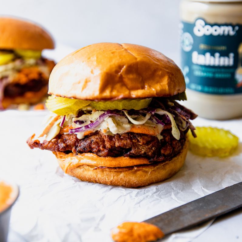 Buffalo Tahini Fried Chicken Sandwich with Tahini Ranch Slaw