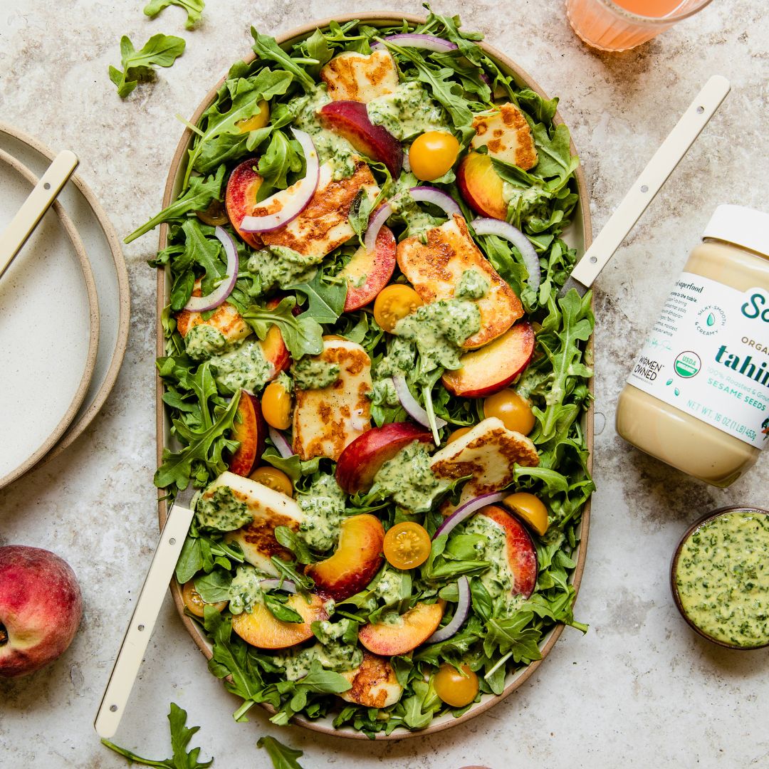 Halloumi Peach Salad with Tahini Pesto Dressing