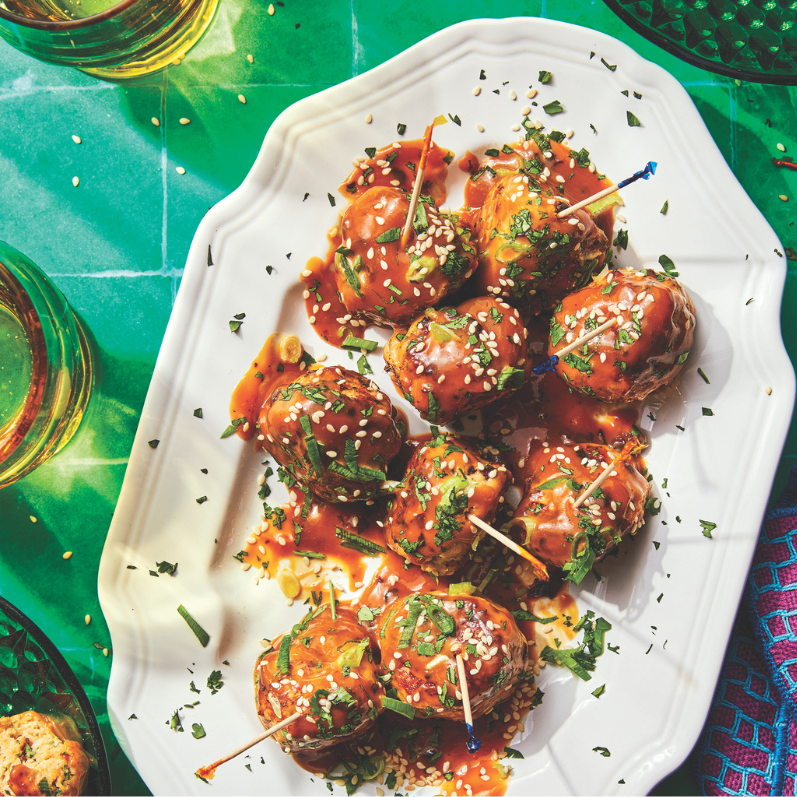 Gingery Chicken Meatballs with Sesame Chili Crisp Glaze