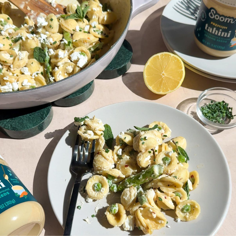 Lemon Feta Pasta with Peas and Asparagus