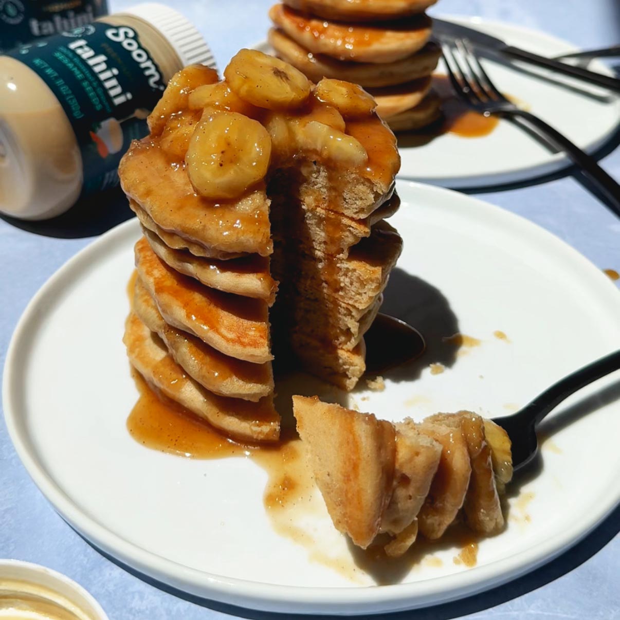 Tahini Bananas Foster Pancakes 