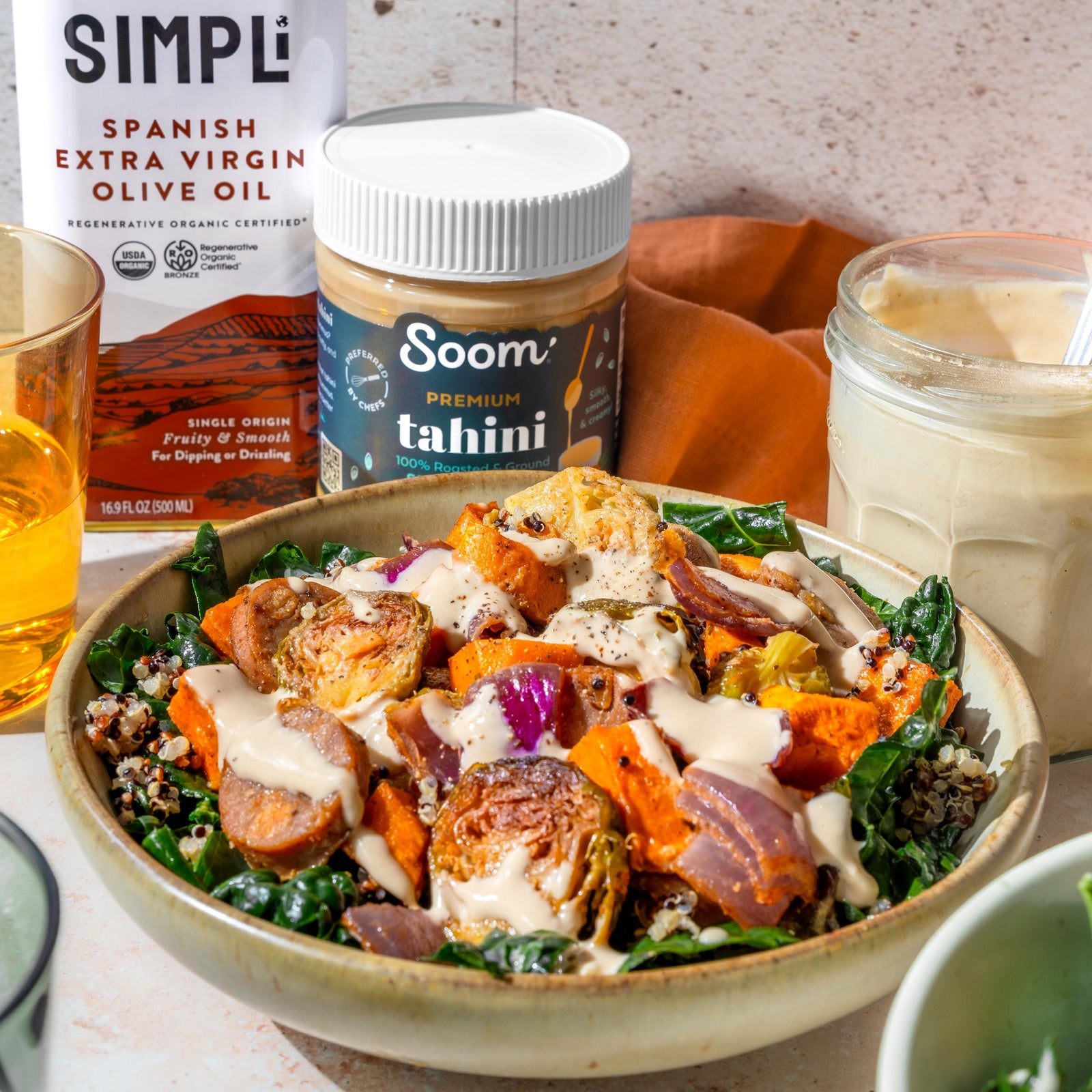 Sheet Pan Chicken Sausage with Sweet Potatoes, Brussels Sprouts, and Maple Dijon Tahini