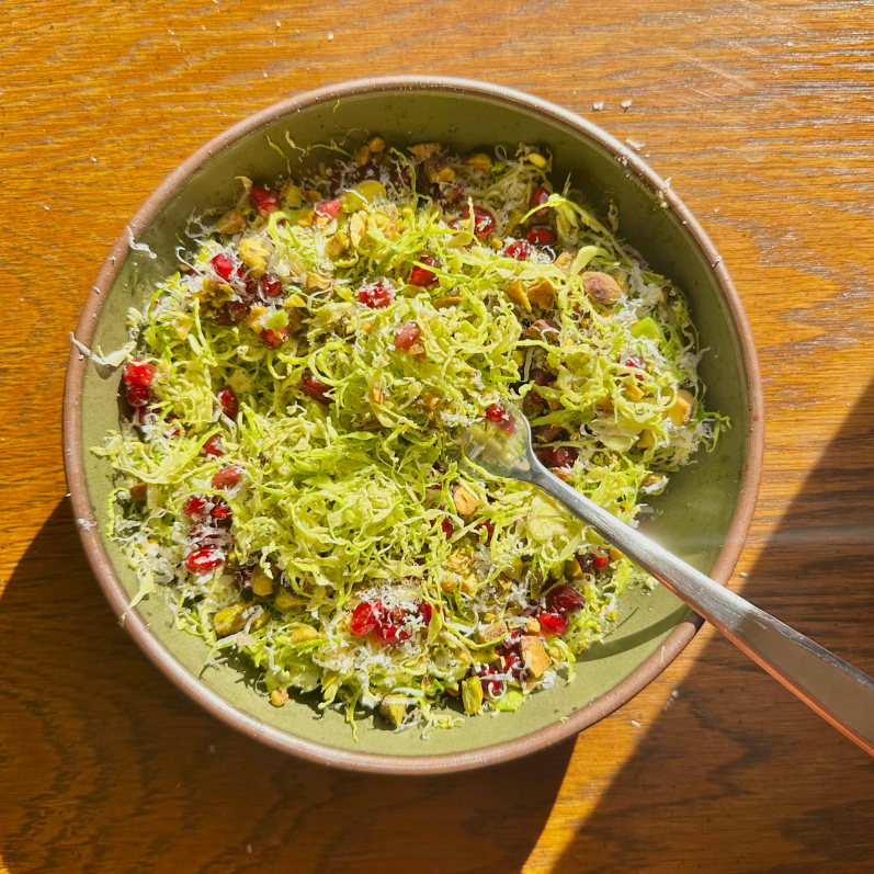 Shaved Brussels Sprout Salad with Greek Goddess Tahini Dressing