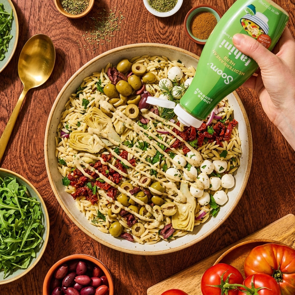 Orzo Pasta Salad with Mediterranean Herb Tahini