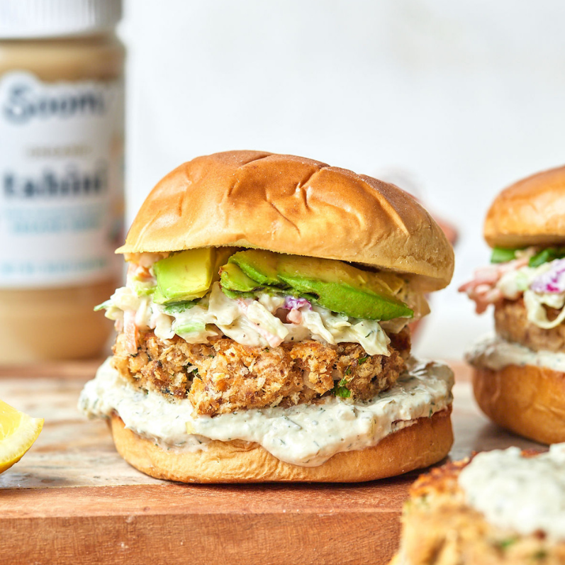 Salmon Burgers with Fried Eggs and Dill Yogurt