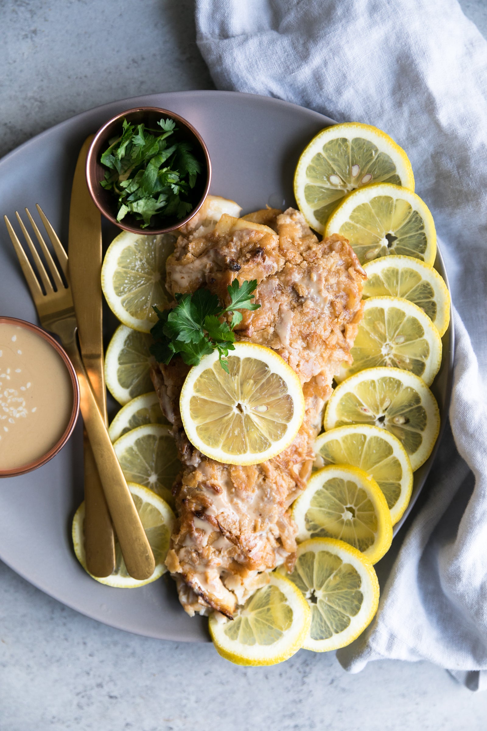 Roasted White Fish with Lemon Tahini Sauce