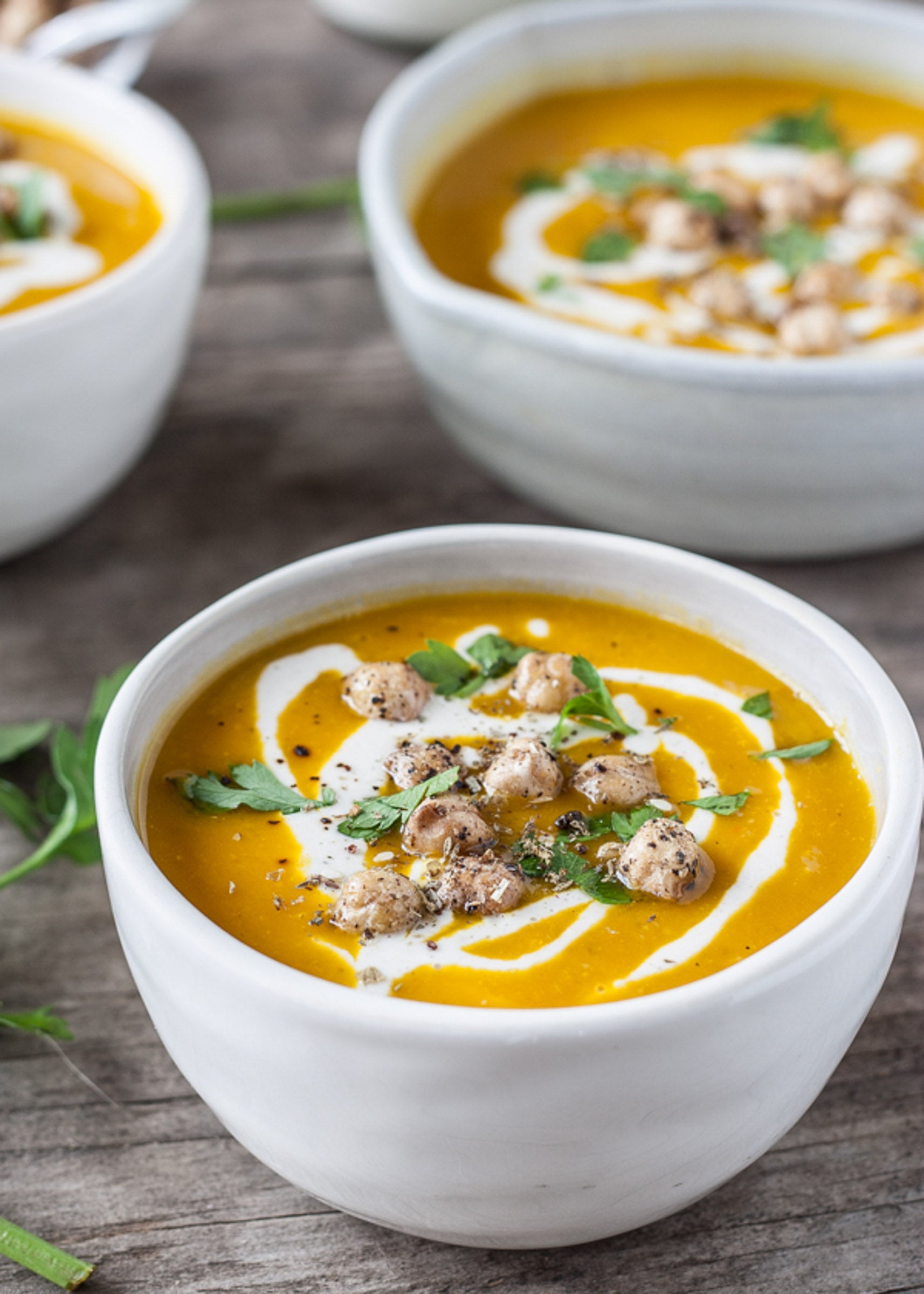Winter Squash Soup with Tahini and Za’atar Chickpea Croutons