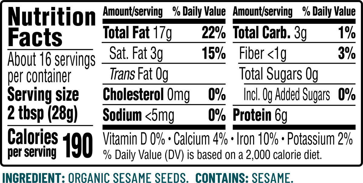 nutrition facts for Soom organic tahini